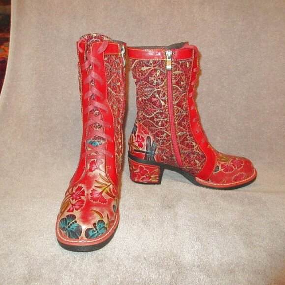 Shoes - Red Leather Embroidered Boots Size 38 7.5 8 Lace Up Boho Western Artsy Statement